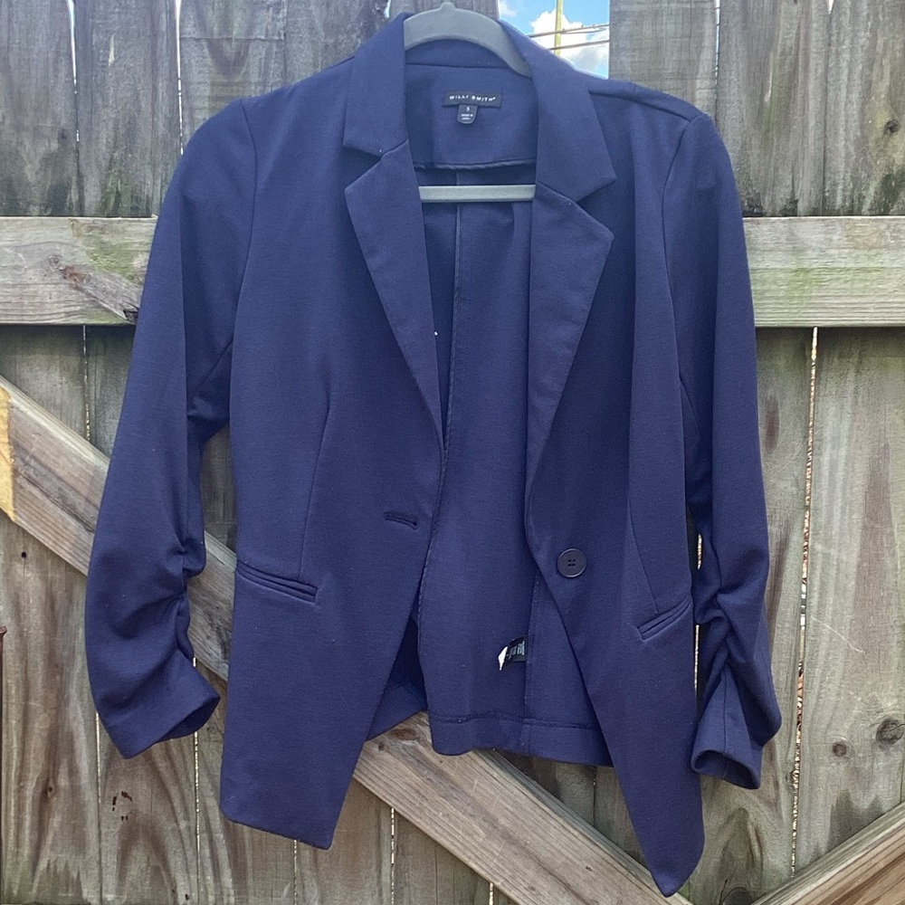Blue Willi Smith blazer with ruched sleeves size S